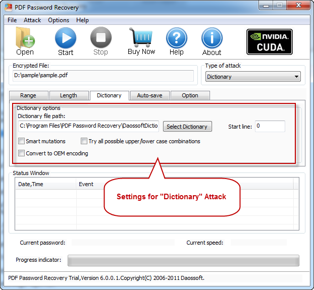 Dictionary settings on PDF Password Recovery