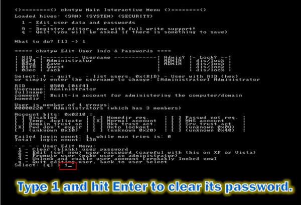 crack windows 10 admin password with offlineNT password editor