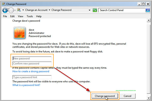 login windows 7 with new password