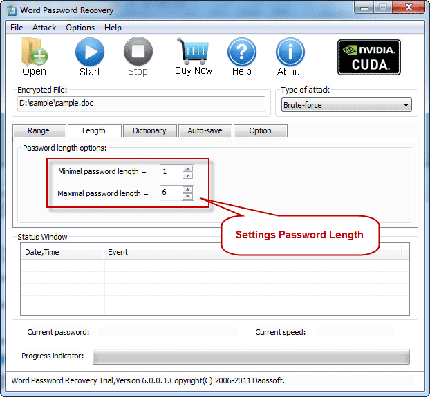 Password length settings in Wword Password Recovery