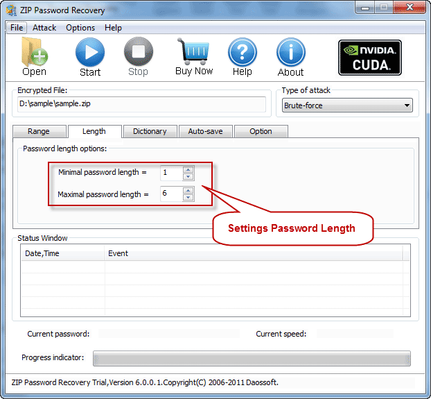 Password length settings on ZIP Password Cracker