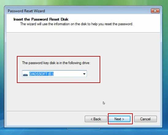 select inserted password reset disk