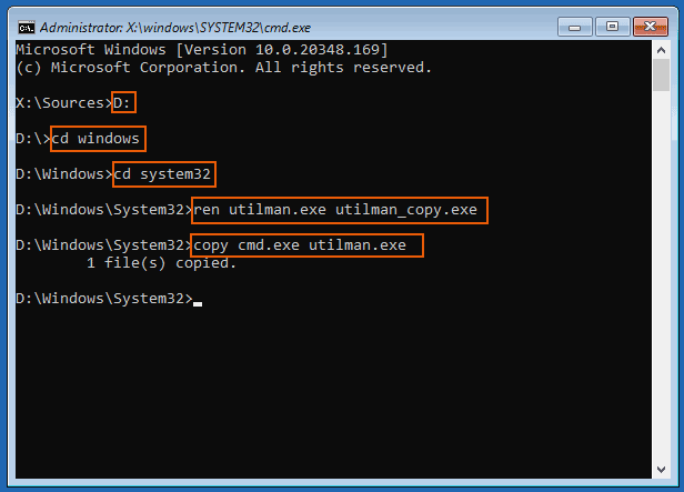 run several commands to replace utilman with cmd