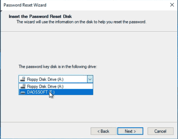 choose the inserted password reset disk