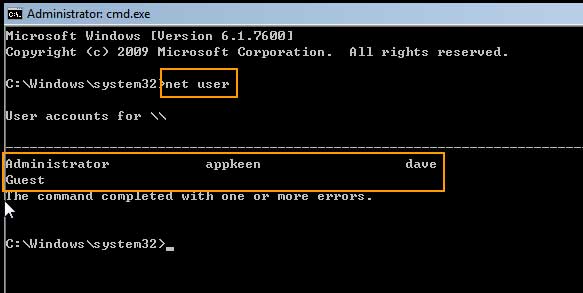 run command to display windows 7 user accounts