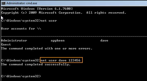 run command to reset windows 7 admin password