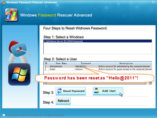 reset Windows server 2008 password to new one