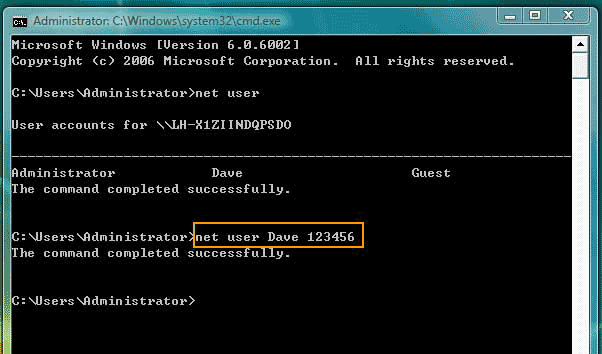 run command net user to reset password