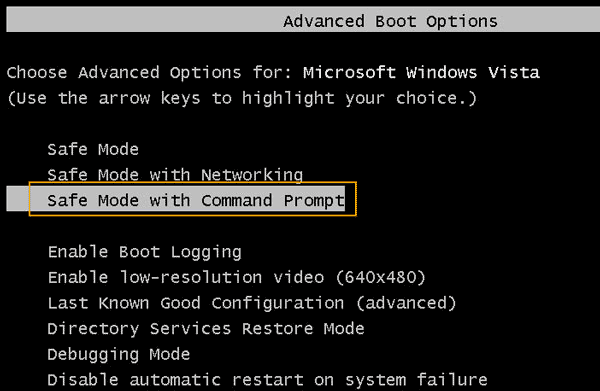 boot windows vista from safe mode with cammand prompt